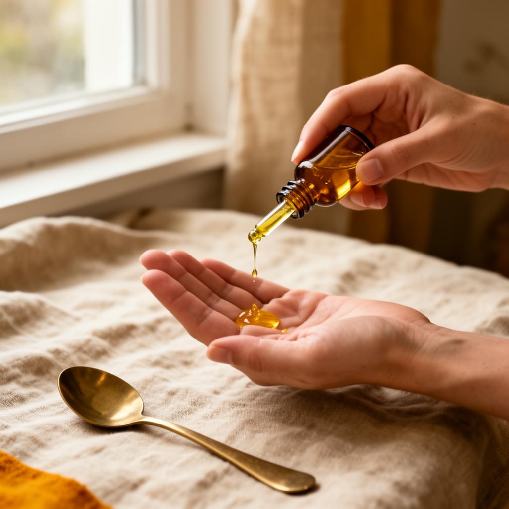Golden Ayurvedic oil poured by hand — daily ritual, not routine